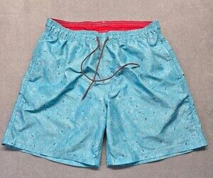 BUGATCHI Men Fish Print Swim Trunks Light Blue Mesh Lined Board Shorts Size L